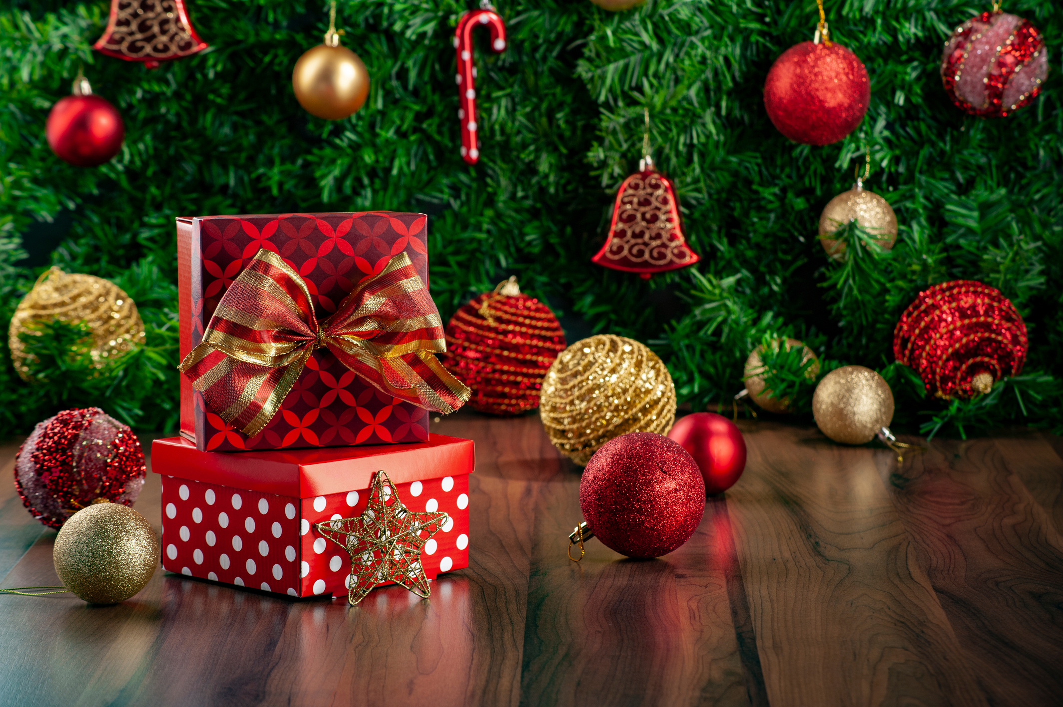 Gifts and Decorations around Christmas Tree